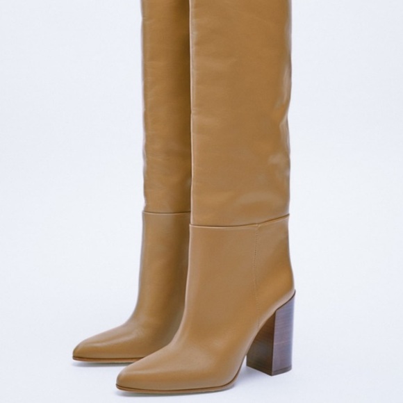 Zara New With Tags Heeled Leather Knee High Boots Brown Beige Taupe Gray, nwt - Picture 3 of 13